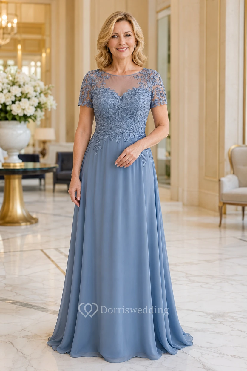 MOB Kleid Stahlblau Chiffon Spitze A-Linie Kurzarm Rundhalsausschnitt Bodenlang Plissee