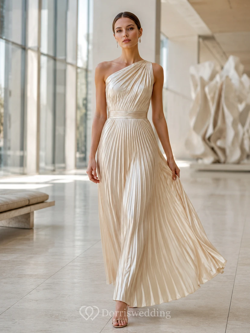 Einseitig schulterfreies, plissiertes Satin-Kleid in Teelänge für eine Museumshochzeit