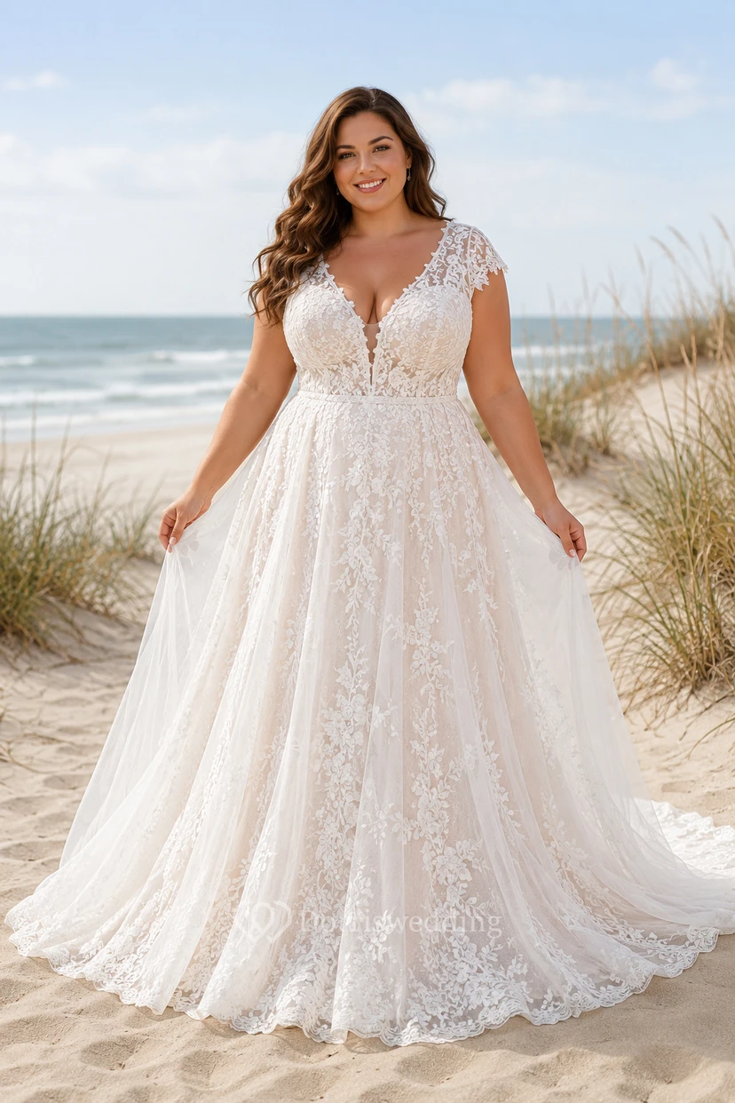 Robe de mariée de plage grande taille en dentelle et tulle, coupe trapèze, col en V et bretelles