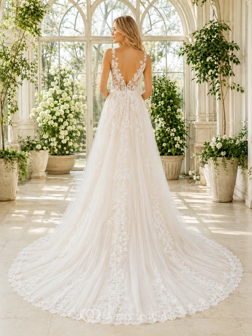 Lace Tulle Wedding Dress A-Line V-Neck Sleeveless Sweep Train Low V Back Bridal Gown view 2