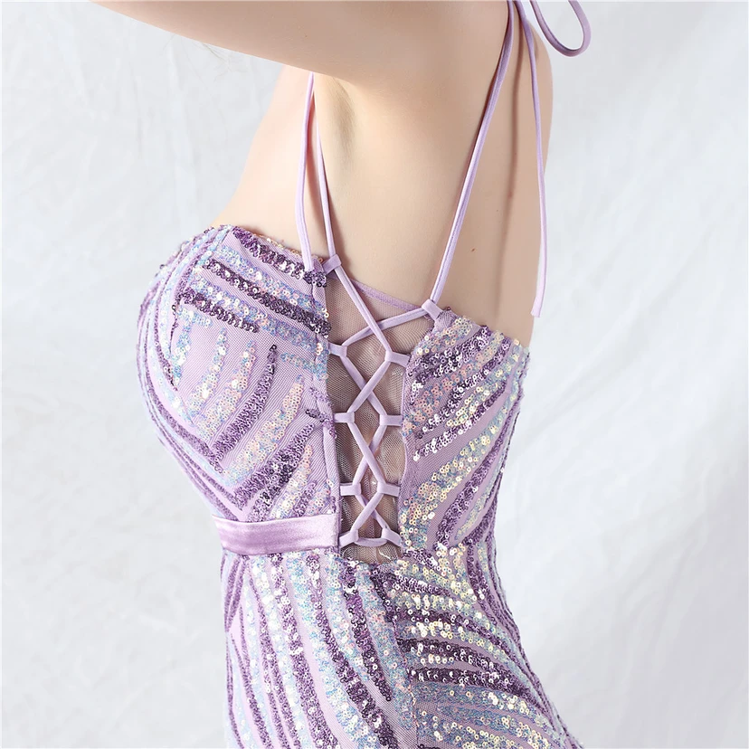 Vestido de noche con tirantes, top tipo tubo y lentejuelas apiladas encriptadas, con método de doble atado de cuerda. view 9