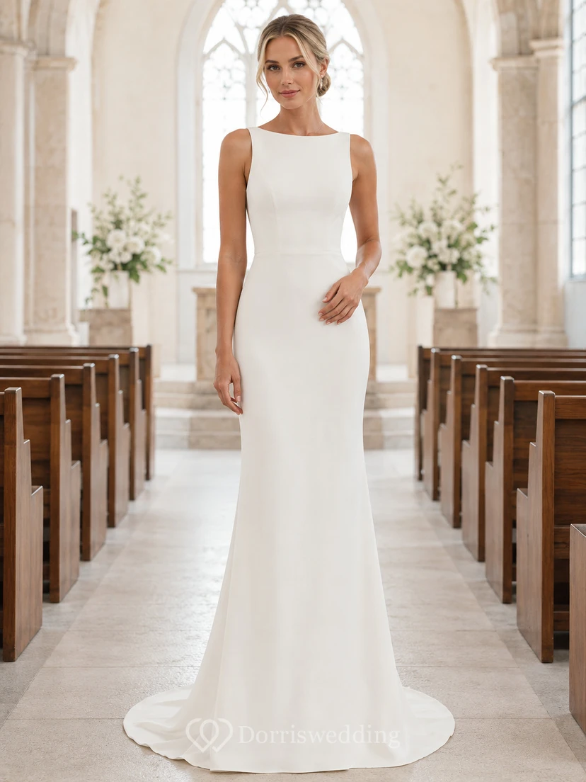 Vestido de novia sencillo sin mangas estilo barco de crepé estilo capilla