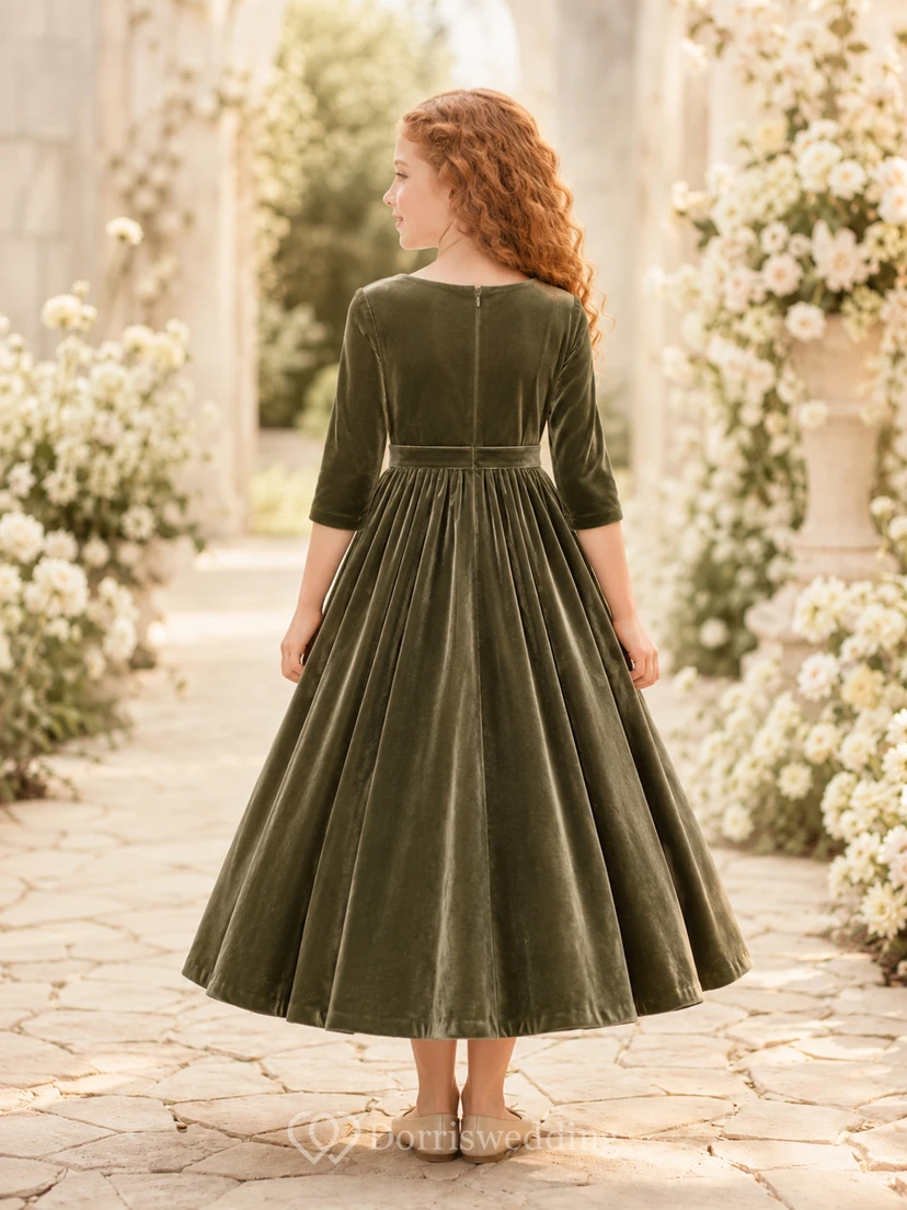Flower Girl Dress A-Line Dark Green Velvet Three Quarter Sleeve Formal view 2