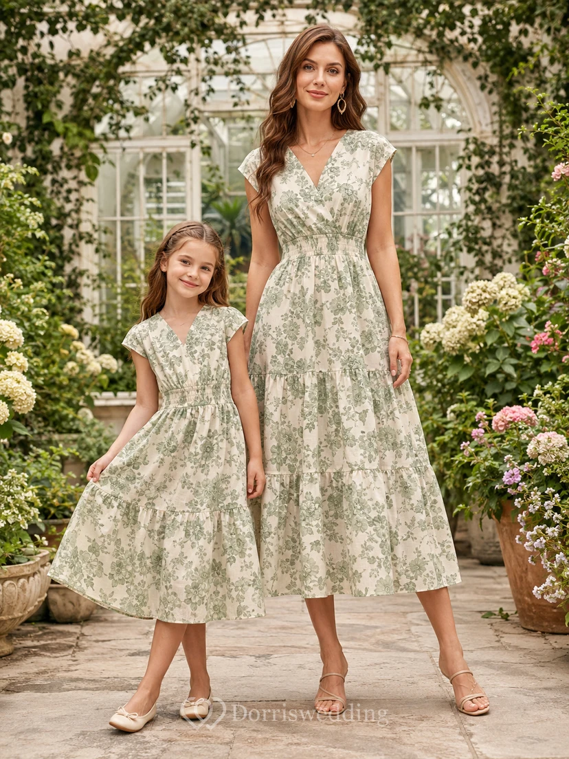 Sage Floral V Neck Cap Sleeve Matching Midi Dress
