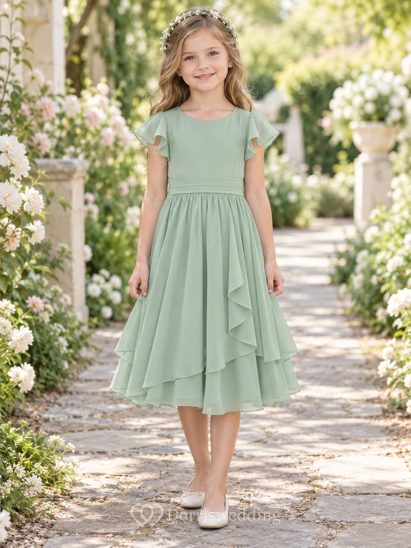 Tea-length Celadon Bateau Flutter Sleeve Layered Chiffon A-line Flower Girl Dress