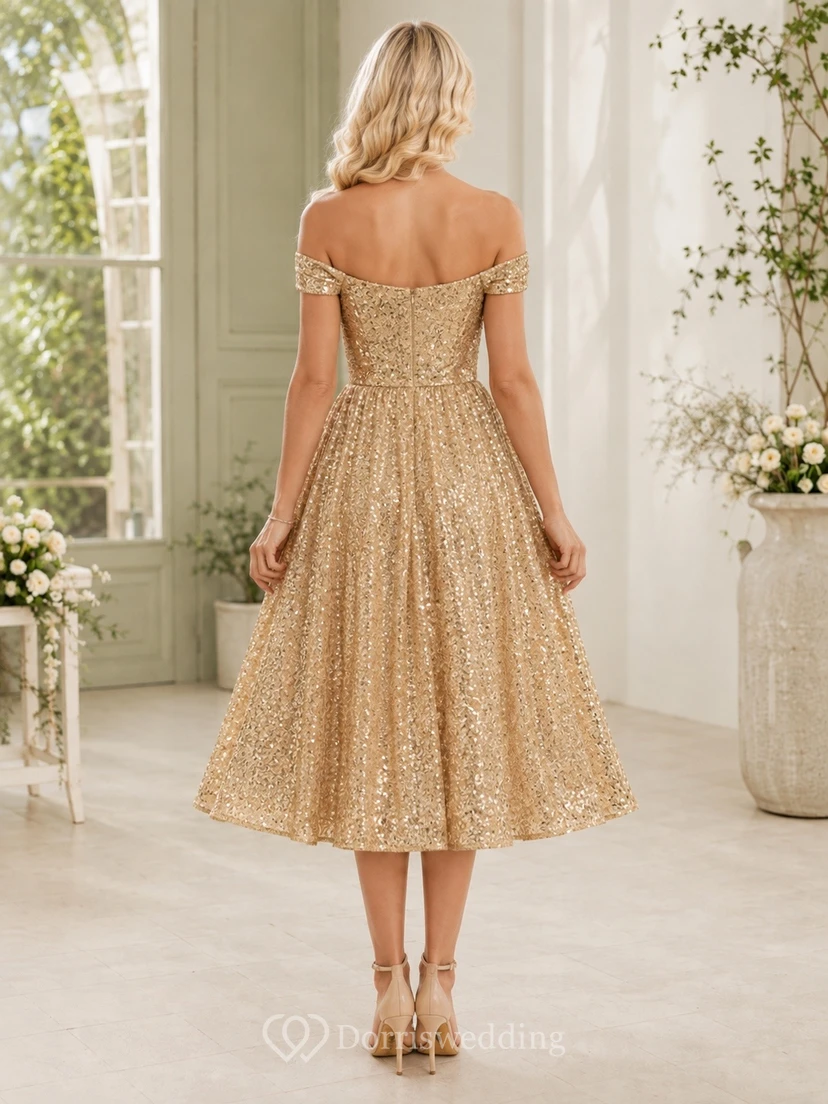 Robe trapèze à sequins dorés, épaules dénudées, manches courtes, longueur thé view 2