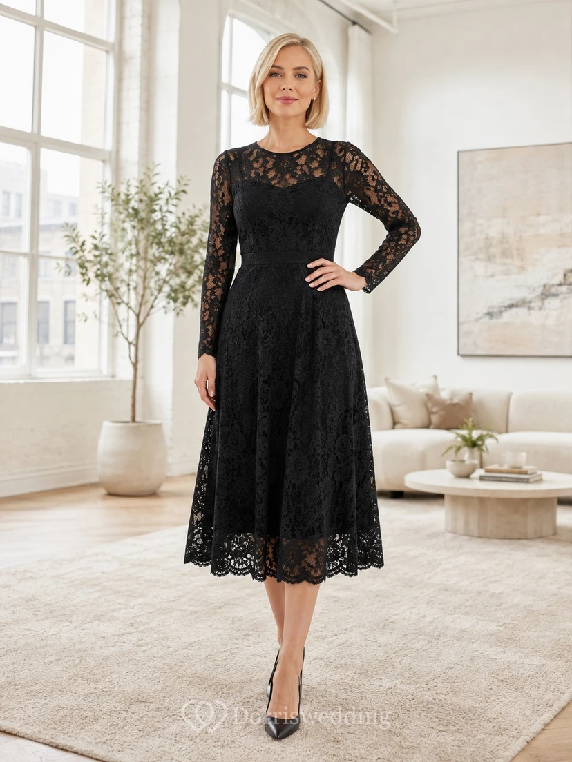 Black Elegant Romantic V-Neck Long-Sleeve Lace A-Line Tea-Length Formal Dress