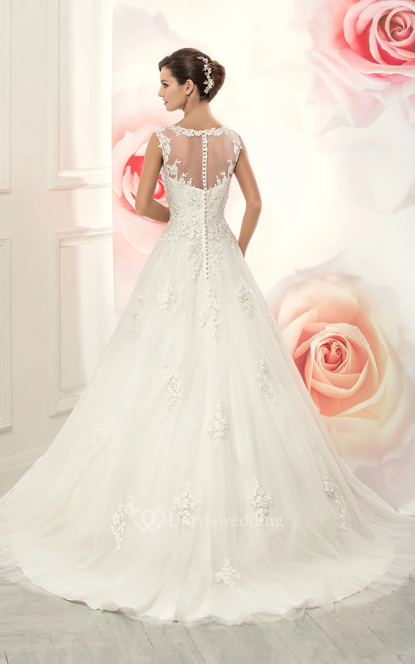 Long Sleeveless A-line Lace Wedding Dress With Beaded Sash view 2