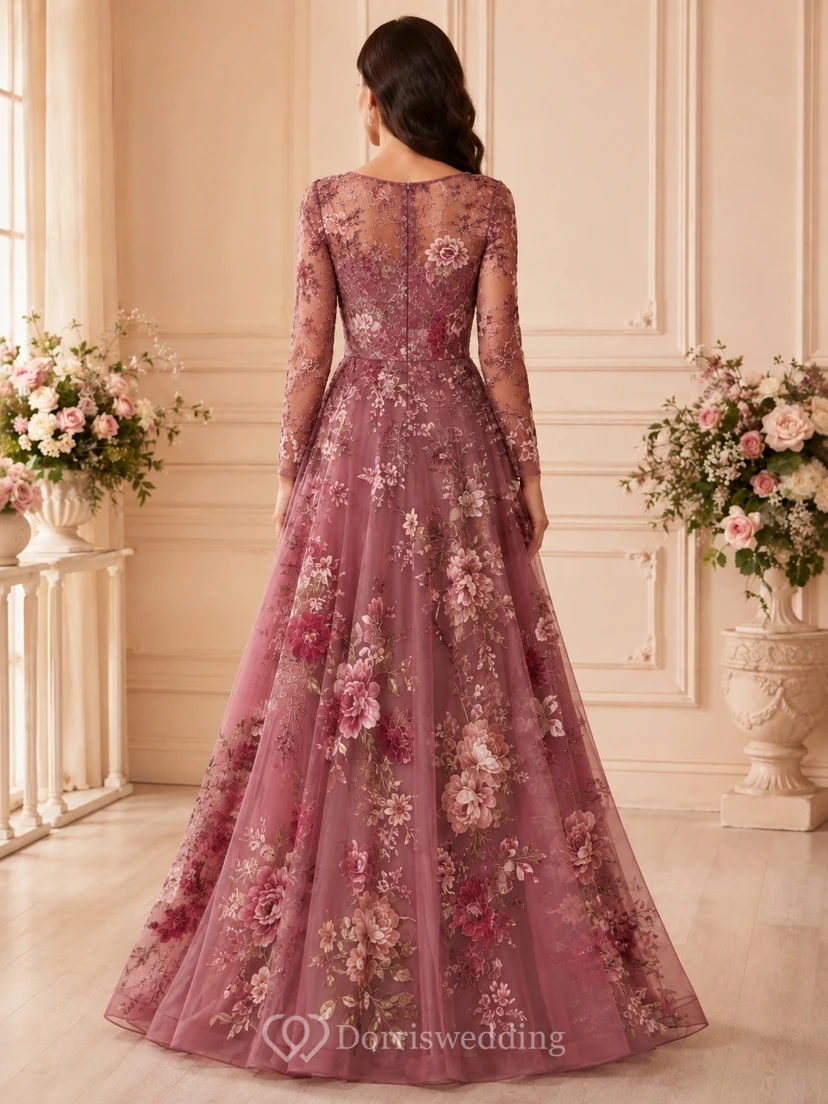 Dusty Rose Floral Jewel Neck Long Sleeve Tulle A-Line Floor-Length Gown view 2