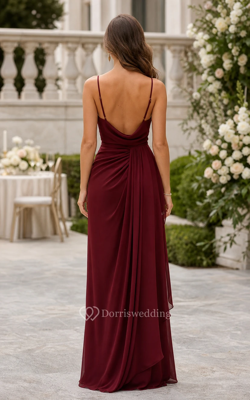 Burgundy V-neck Chiffon A-Line Dress with Slit view 2