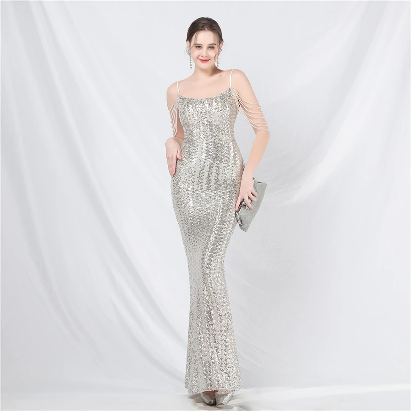 Robe de soirée longue à sequins et perles fantaisie view 5