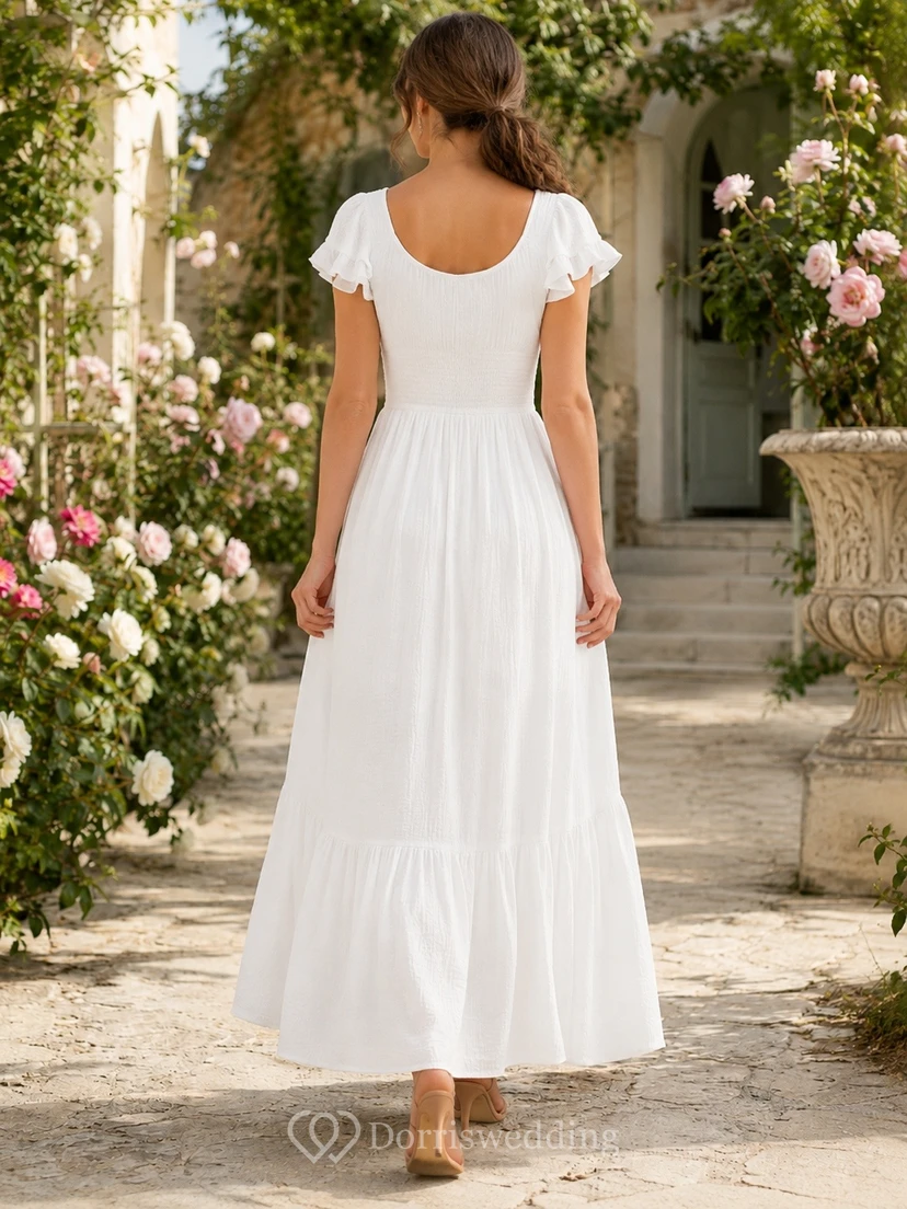Bohemian White Chiffon A-Line Floor-Length Scoop Neck Petal Sleeve Garden Dress view 2