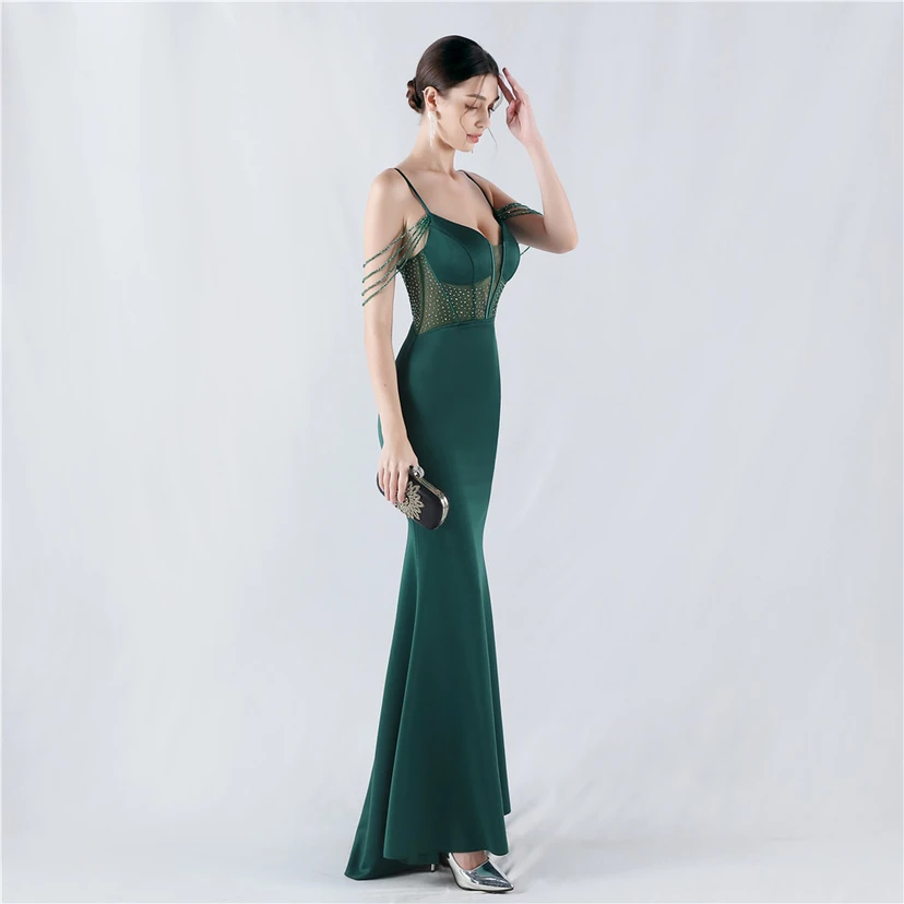Vestido de noche con cintura de espiga, bordado de diamantes de imitación, ideal para banquetes y presentaciones. view 24