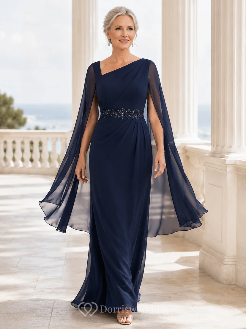 Dunkelblaues, einseitig schulterfreies, perlenbesetztes Chiffon-Cape-Etui-Abendkleid für die Mutter