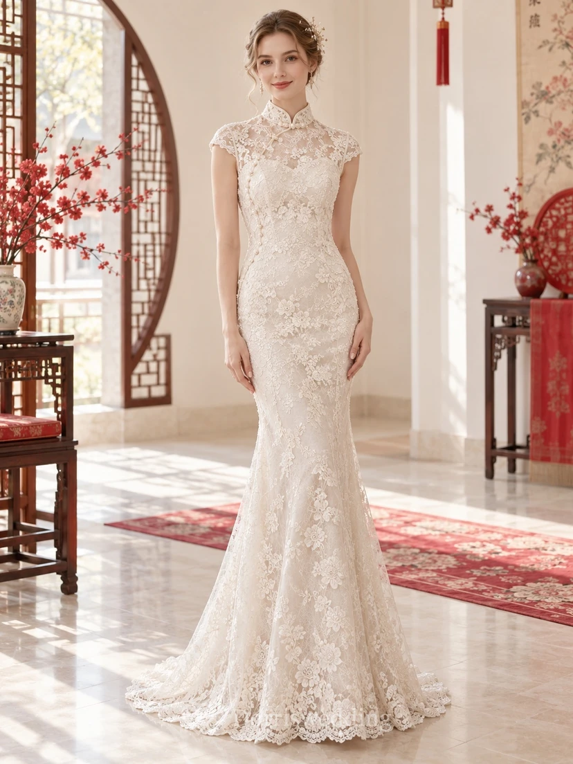 Cheongsam de mariage sirène en dentelle florale à col montant et manches courtes, modeste et modeste