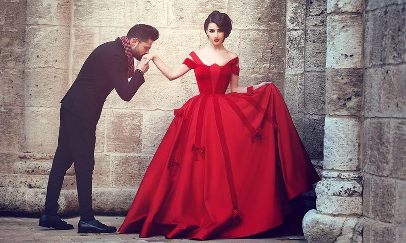 Newest Red Bowknot Ball Gown Evening Dress Off-the-shoulder Floor-length view 2