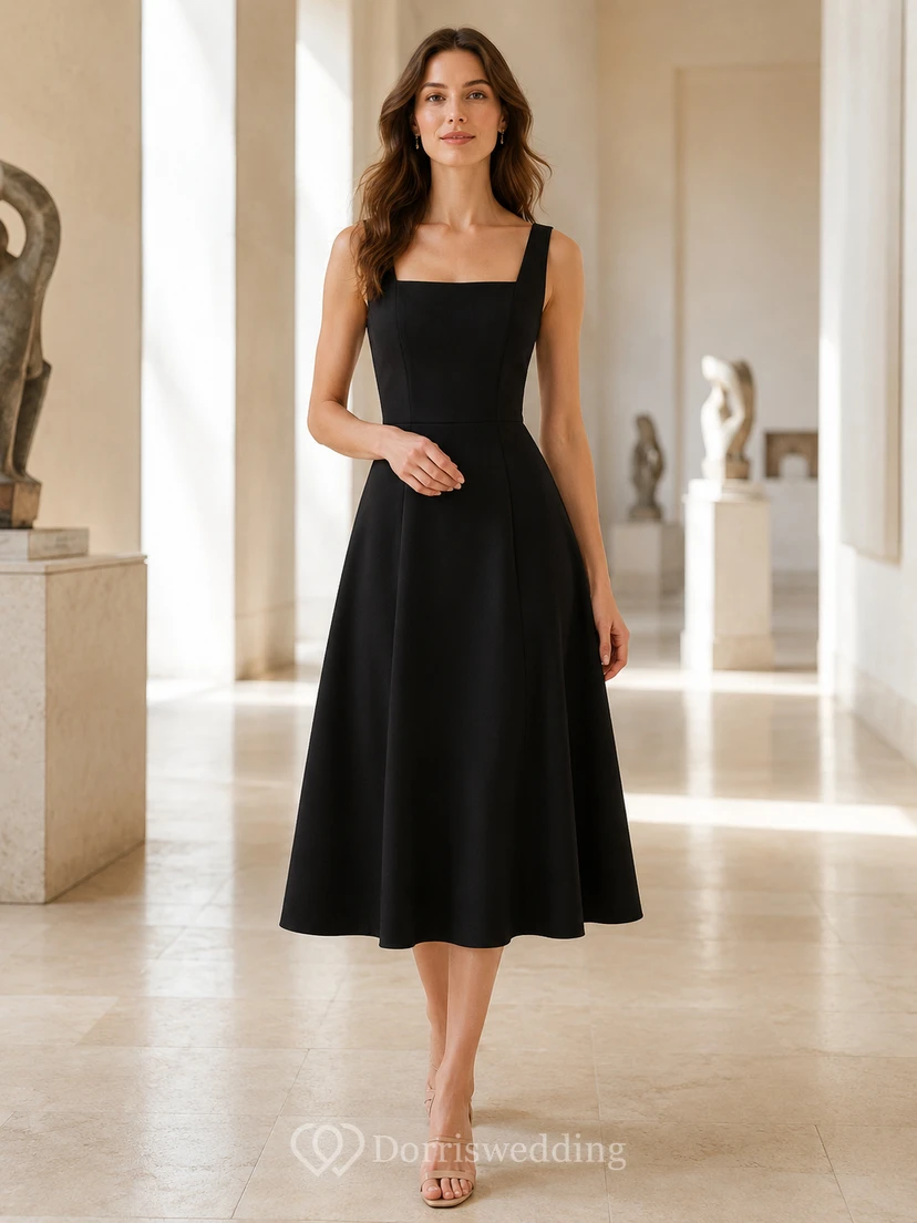 Black Square Neck Wide Strap A Line Gallery Midi Dress