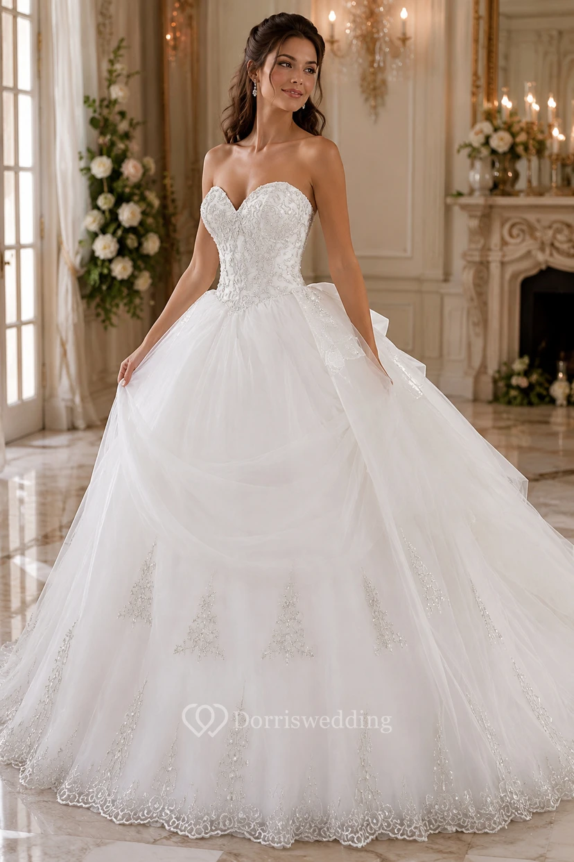 Gorgeous Ball Gown Beadings Wedding Dress Court Train Bowknot view 2