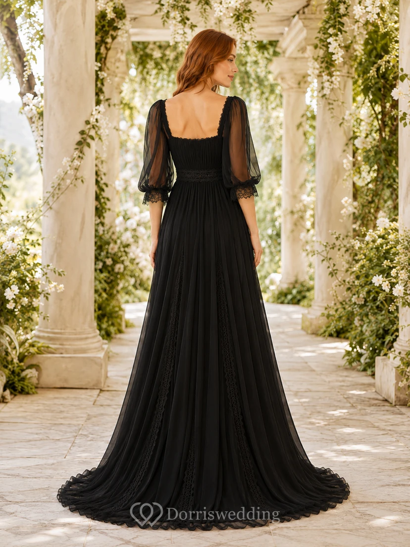 Vestido de novia de gasa negro con escote cuadrado y mangas abullonadas para jardín view 2