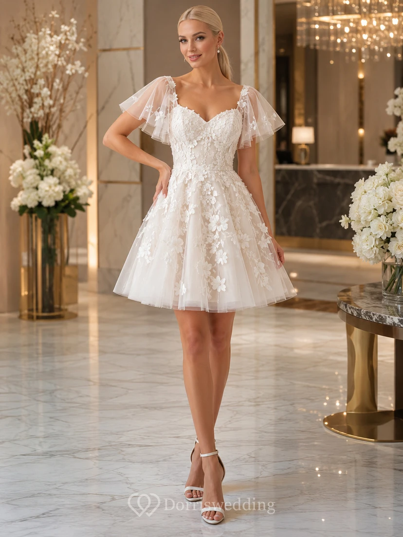 Elegant Short V-Neck Flutter Sleeve Lace Courthouse Romantic Wedding Dress