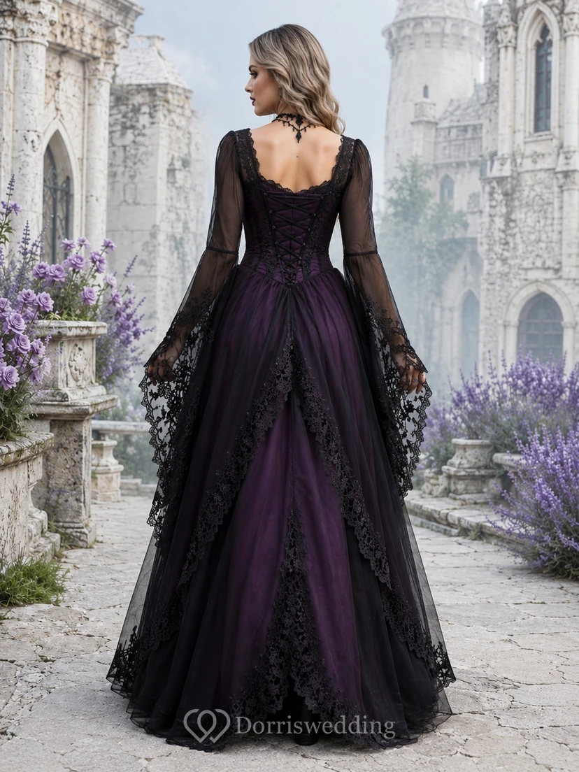 Purple Bohemian Long Sleeve Lace Sweetheart A-Line Floor-length Romantic Gothic Dress view 2