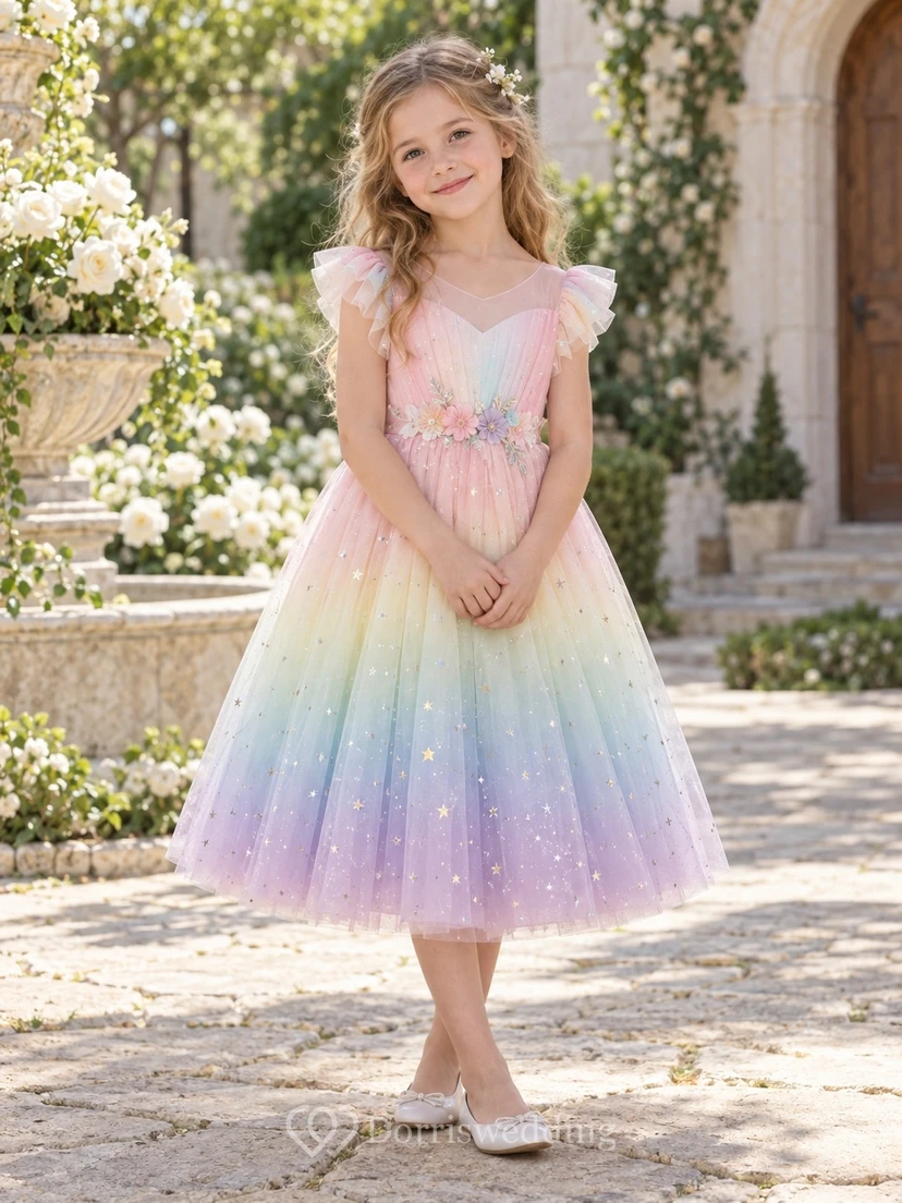 Tea-length Pastel Rainbow Star Flutter Sleeve Tulle Flower Girl Dress