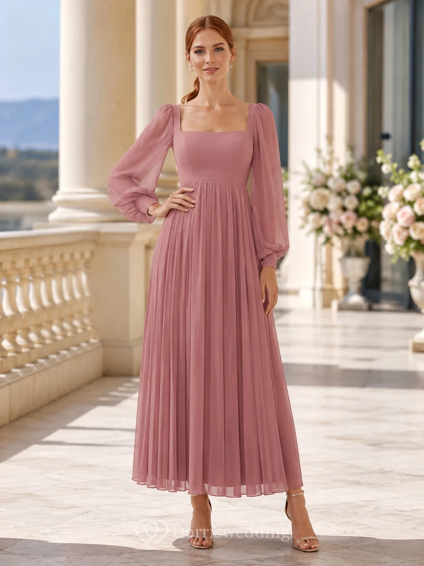 Dusty Rose Square Neck Poet Sleeve Pleated Guest Dress