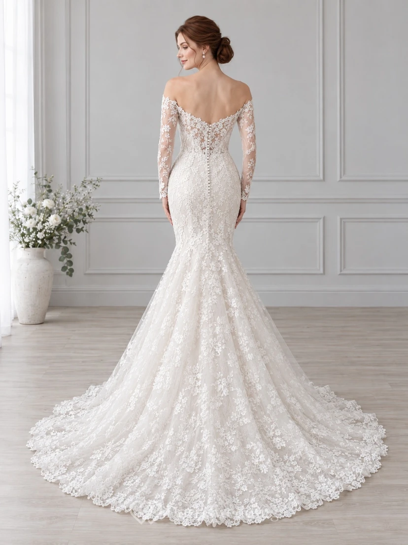 Romantisches, figurbetontes Brautkleid mit langen Ärmeln, schulterfreiem Meerjungfrauen-Stil, floraler Spitze und bodenlangem Schnitt view 2