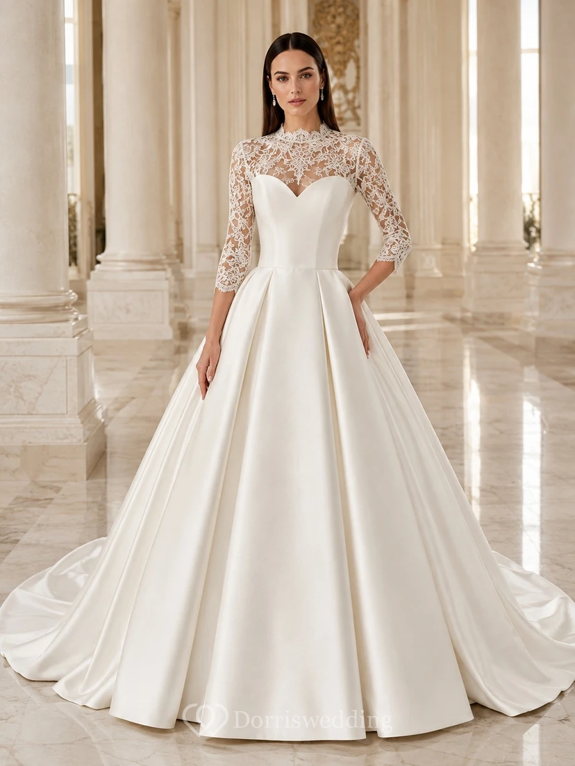 Vestido de novia de gala de satén con corpiño de encaje y escote corazón