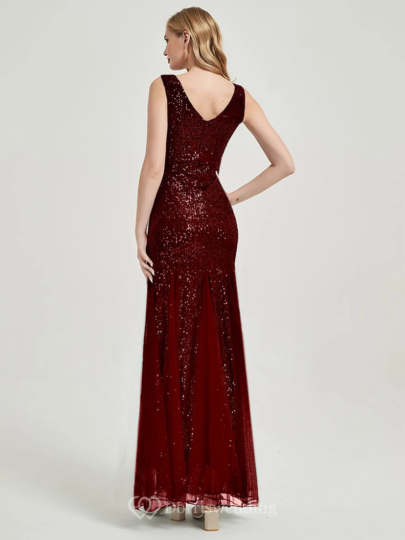 Sequin Sheath Pleated Sleeveless Party Floor-length Prom Dress view 4