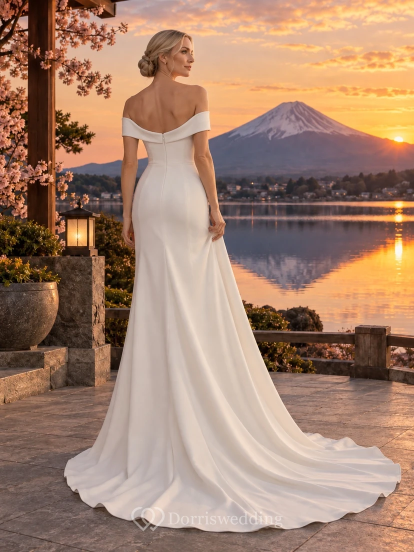 Schlichtes Meerjungfrauen-Brautkleid mit schulterfreiem, gefaltetem Ausschnitt und Schleppe view 2