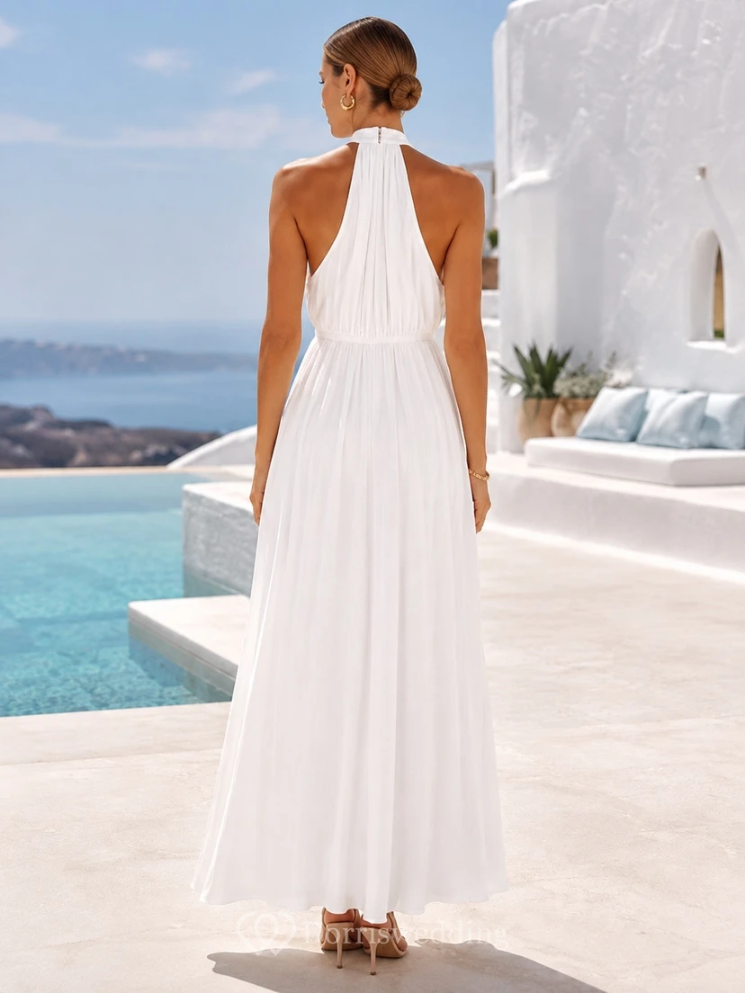 White Halter Sleeveless Pleated Chiffon A-Line Summer Gown view 2