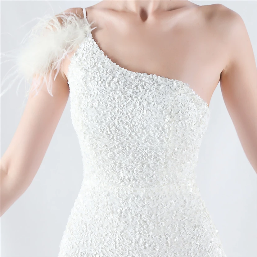 Gradient Velvet Bottom Sequins Craft Beading Ostrich Hair One-Shoulder Oblique Collar High-Slit Evening Dress view 8