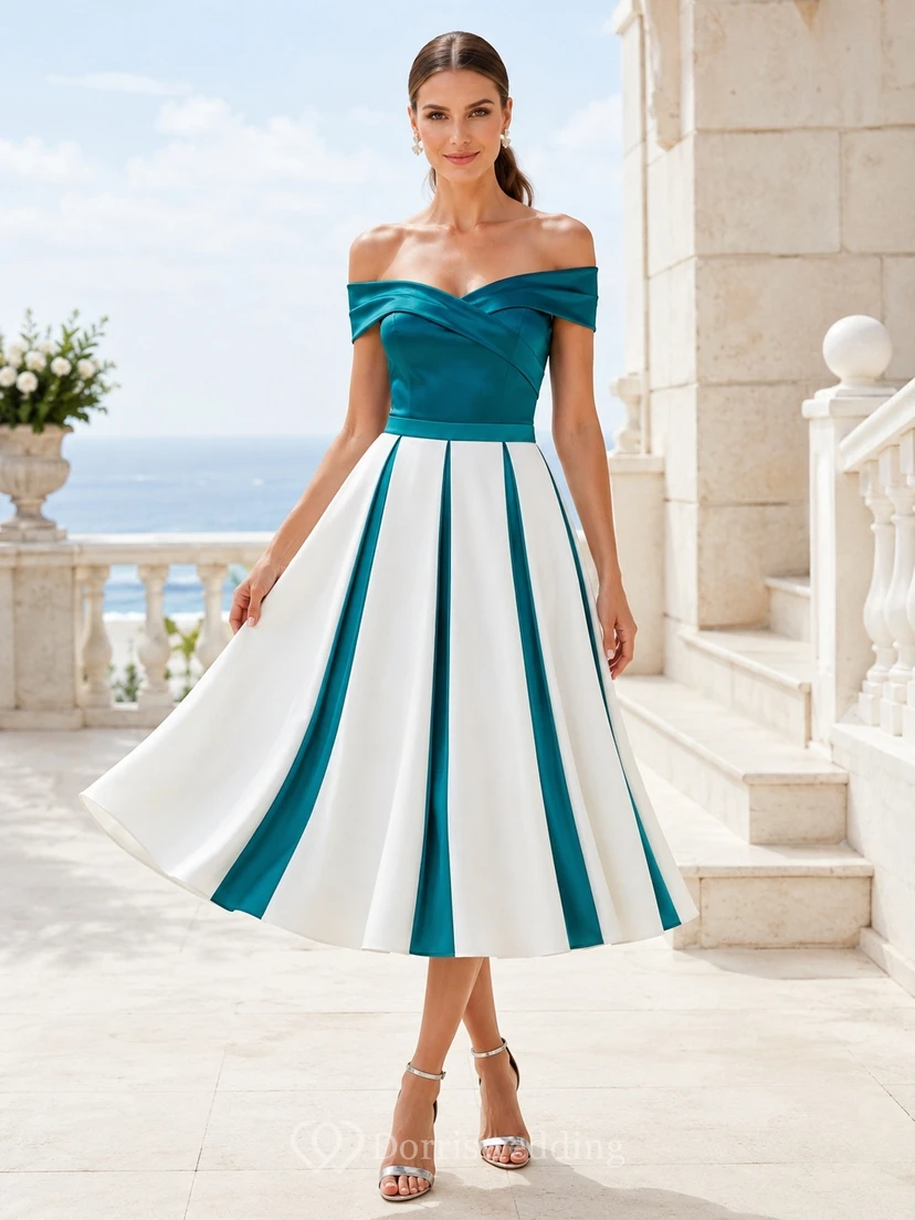 Vestido de cóctel vintage de los años 50, de satén a rayas color verde azulado, con hombros descubiertos y corte en A, largo hasta la rodilla.