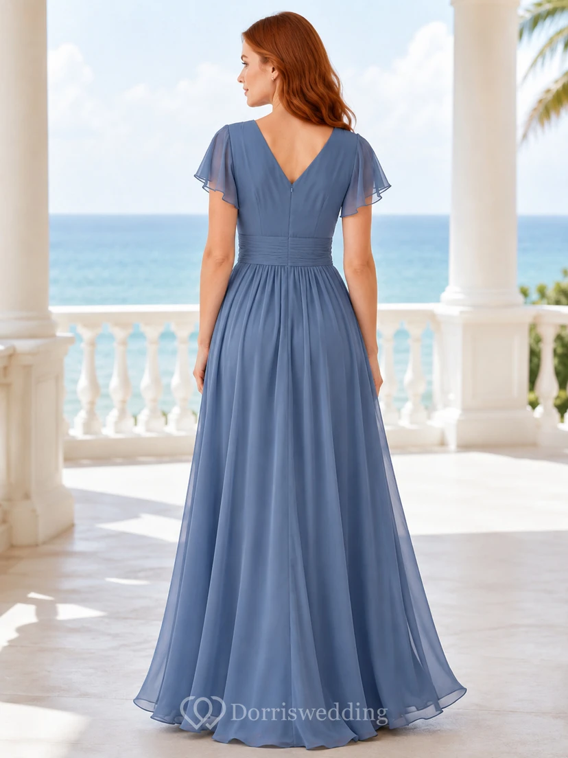 Steel Blue V Neck Flutter Sleeve Chiffon Floor Length A Line Dress view 2