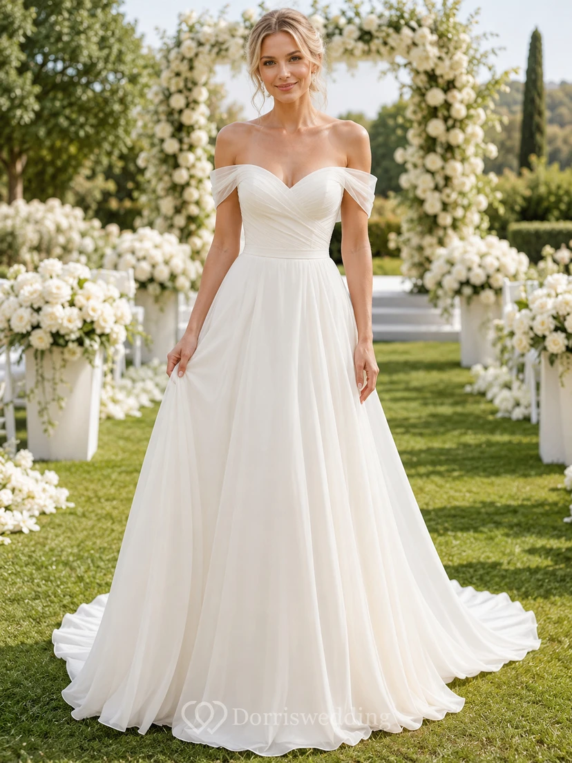 Strandhochzeitskleid aus Chiffon und Tüll, A-Linie, schulterfrei, mit Schleppe