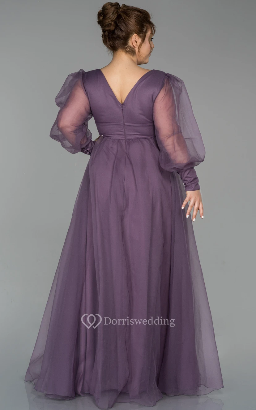 V-neck Puff-sleeve Pleated Empire A-line Evening Plus Size Dress with V Back view 2