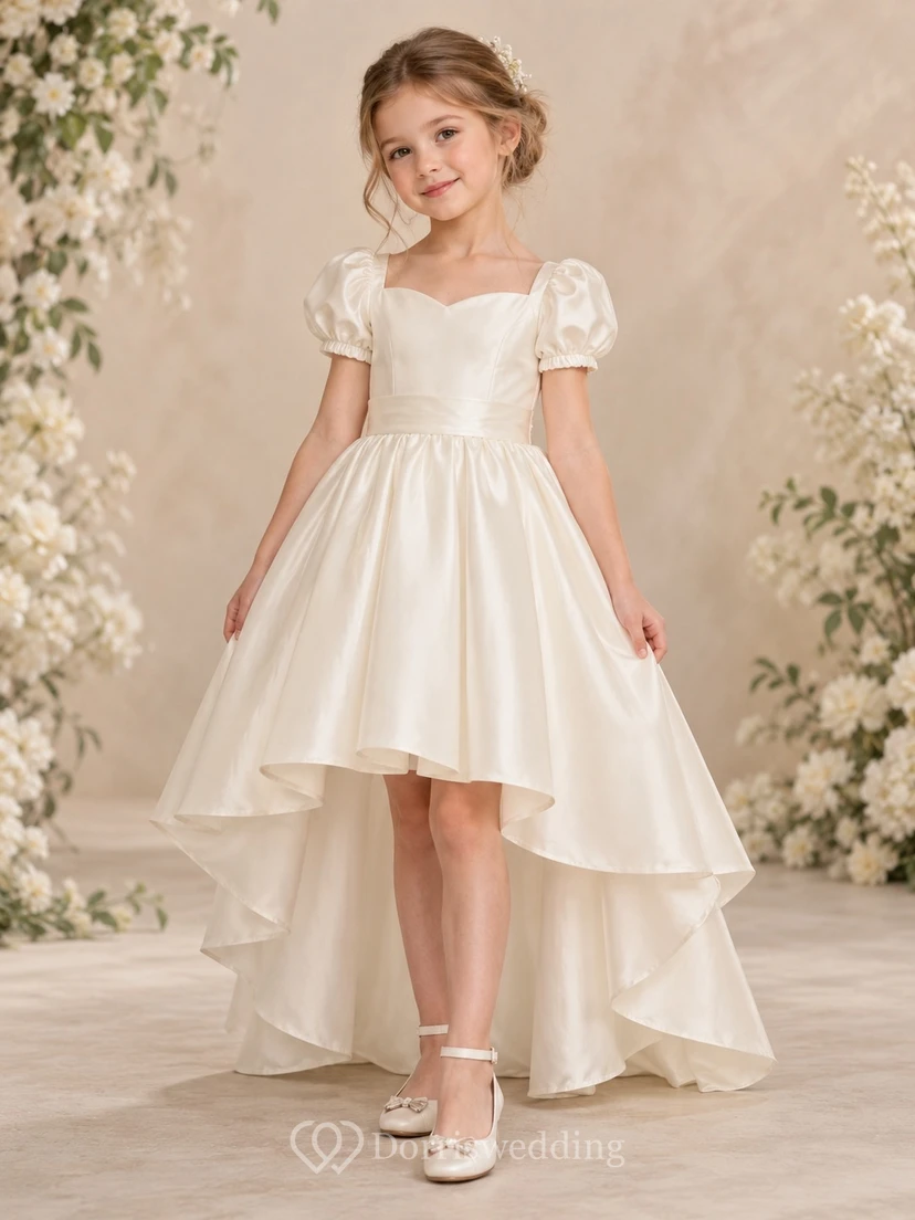 High-low Ivory Sweetheart Puff Sleeve Gathered Sashed Satin A-Line Bow Flowergirl Dress