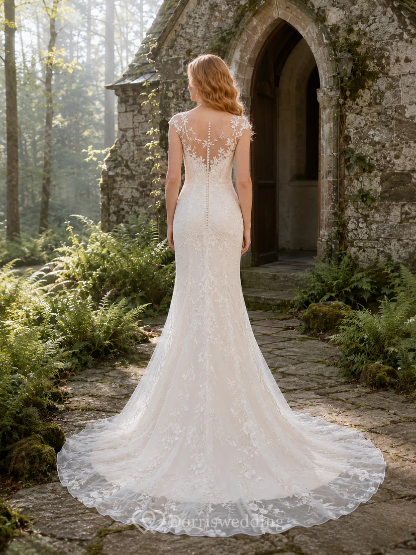 Robe de mariée sirène en dentelle brodée de vigne, style chapelle et forêt, style sirène view 2