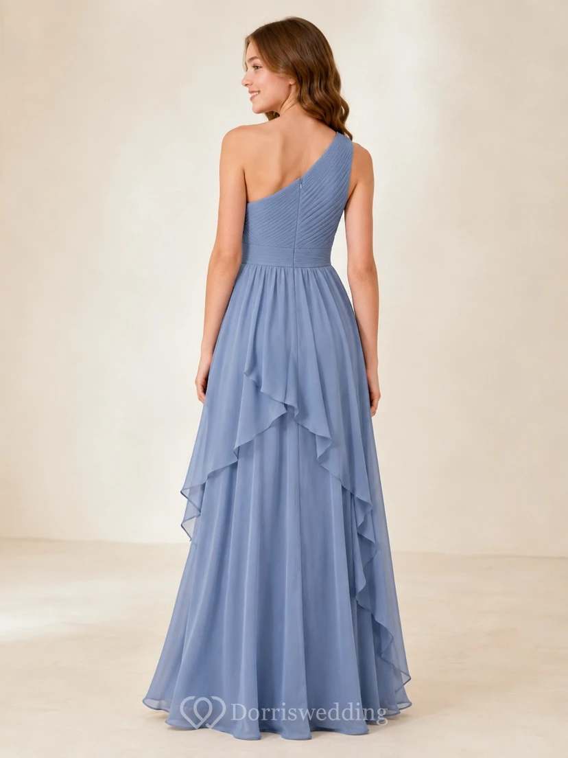 Schieferblaues Brautjungfernkleid für junge Damen, A-Linie, schulterfrei, ärmellos, Chiffon, elegant view 2
