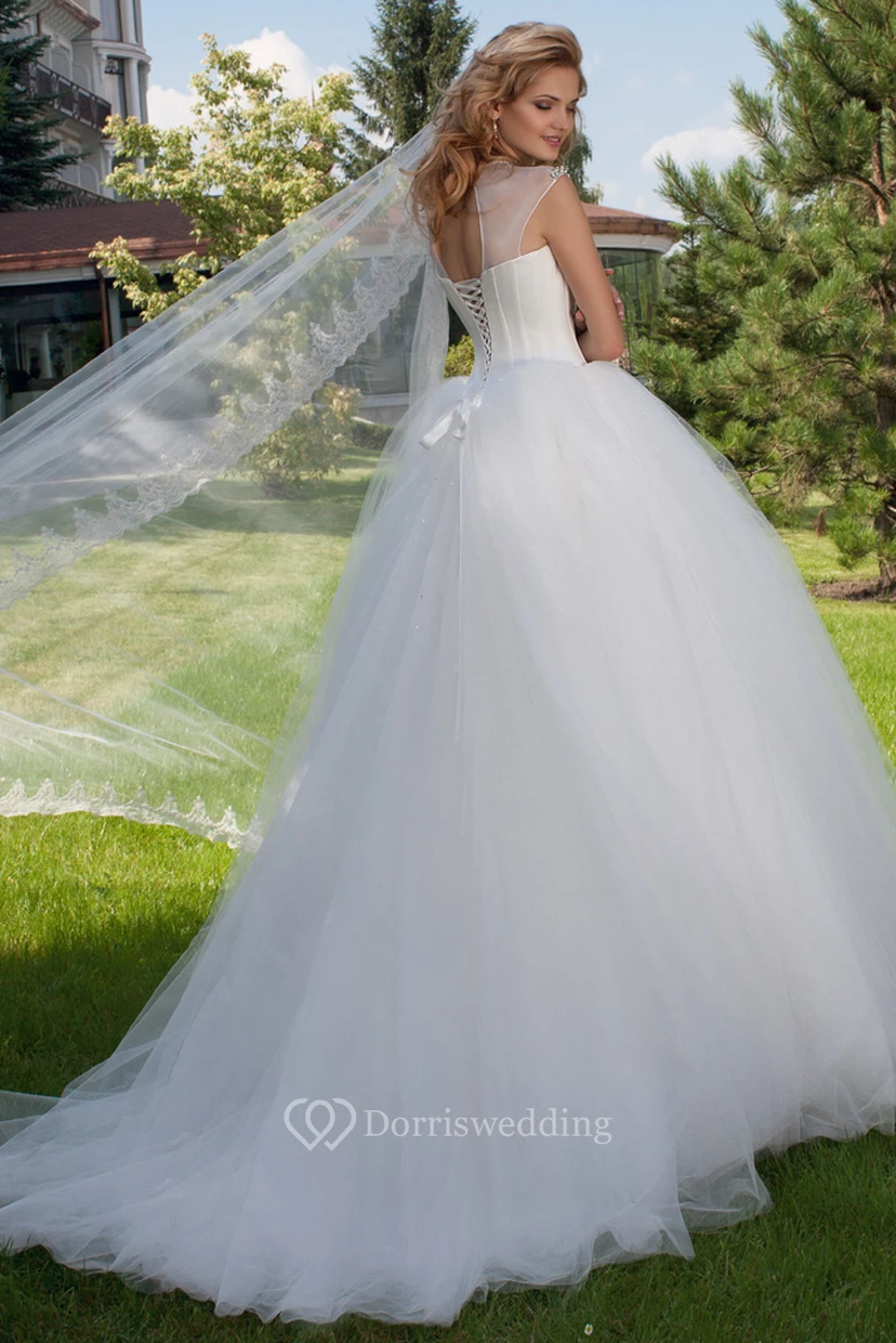 High Neck Maxi Beaded Tulle Wedding Dress With Court Train And Corset Back view 2