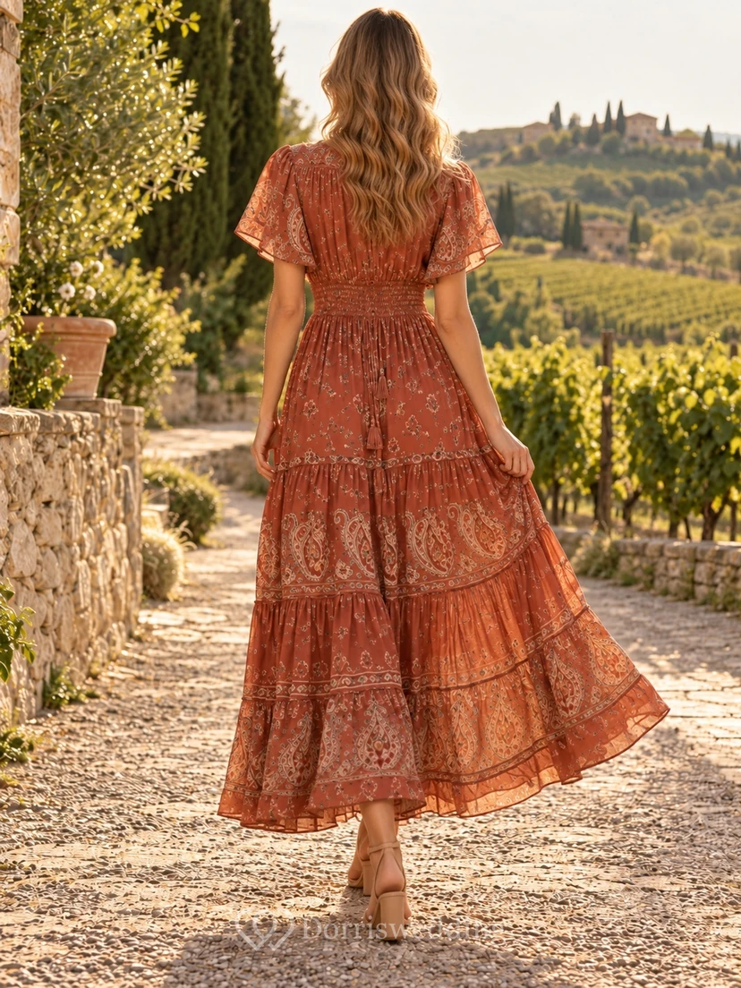 Vintage Orange Floral V-Neck Flutter Sleeve Tiered Long Guest Dress view 2