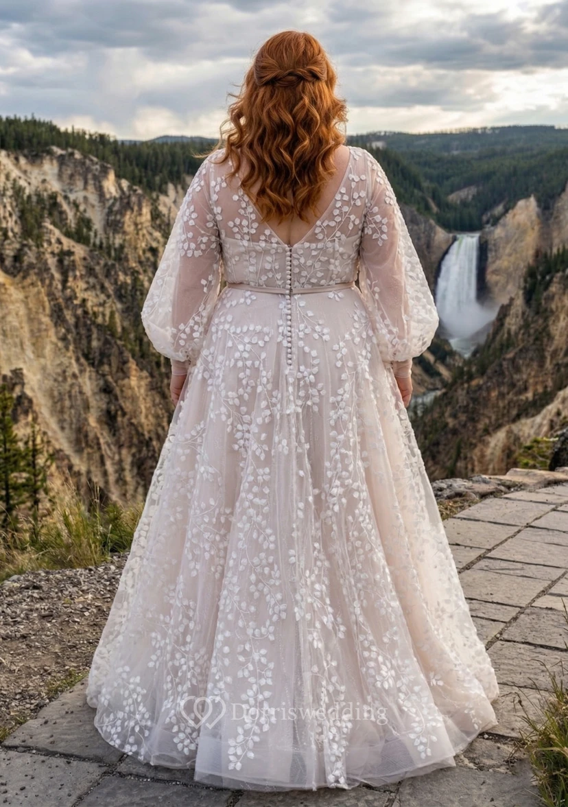 Plus Size Floral Lace Long Sleeve Wedding Dress with Sheer A-Line Skirt view 2