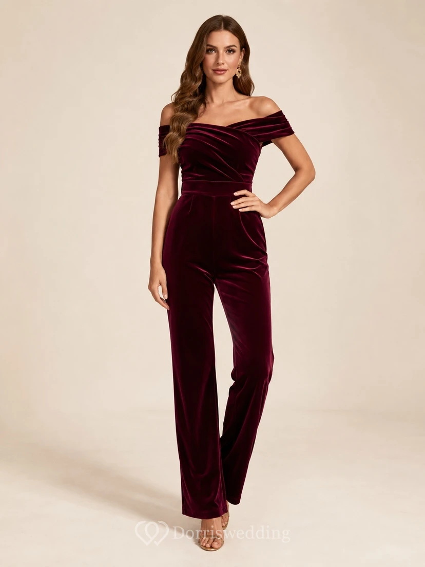 Burgundy Velvet Off-the-Shoulder Homecoming Jumpsuit with Fitted Waist Wide Legs and Elegant Evening Shape