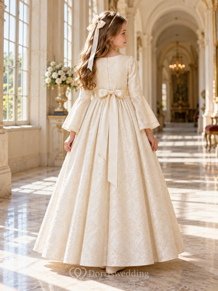 Renaissance Elfenbeinfarbenes Bateau-Kleid aus Satin mit langen Glockenärmeln für Blumenmädchen view 2