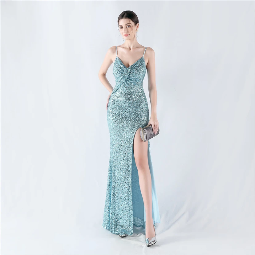 Robe de soirée sexy à sequins et fente haute, avec bretelles et encoche cryptée view 41
