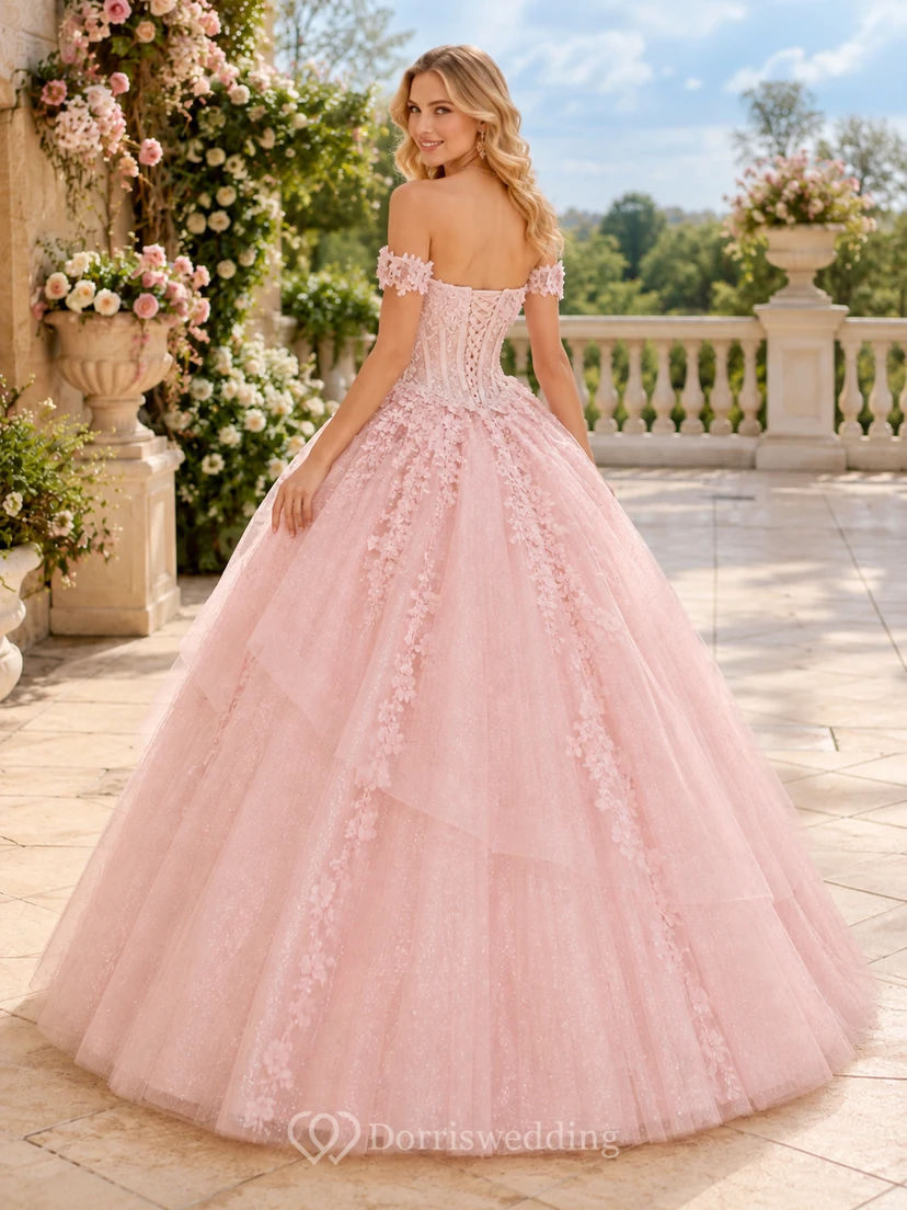 Luxuriöses, rosafarbenes Quinceañera-Ballkleid mit schulterfreiem Ausschnitt, Applikationen und Tüll view 2