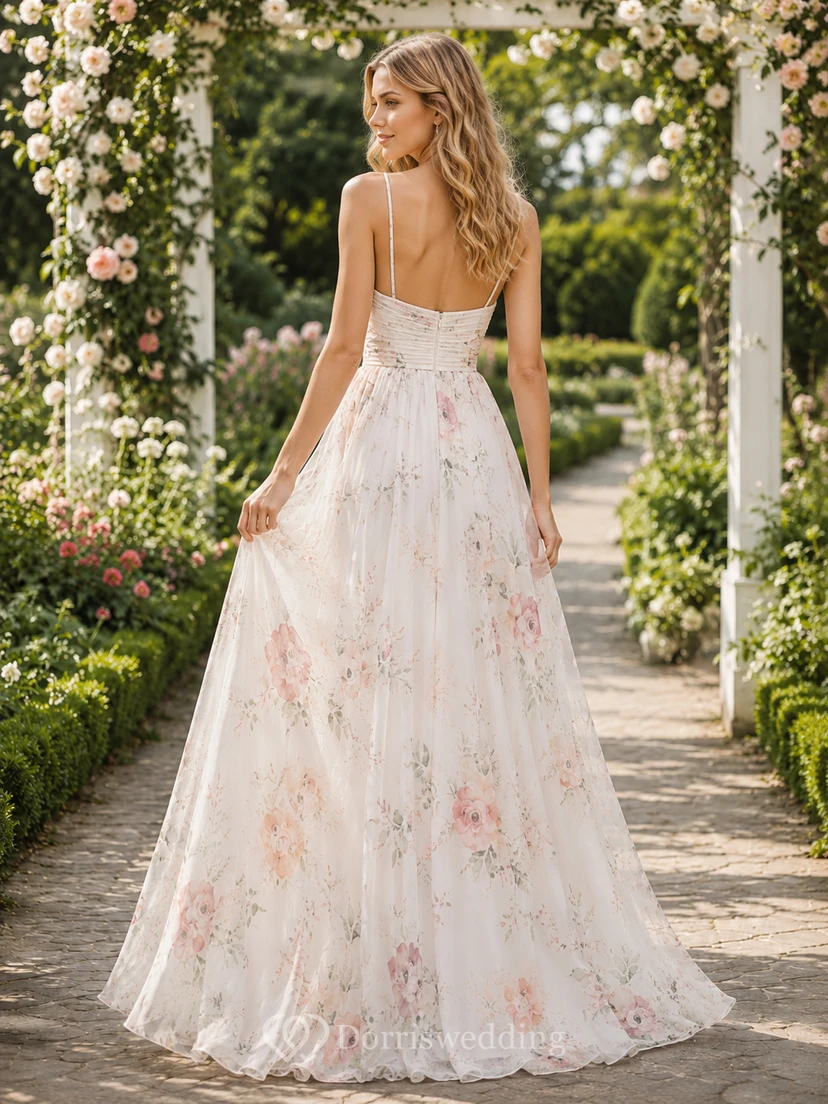 Spaghetti Floral Print Chiffon Summer Garden A Line Gown view 2