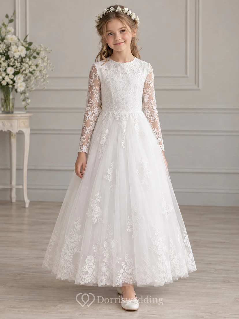 Modest White Ankle-length Jewel Neck Long Sleeve Floral Lace Communion Dress