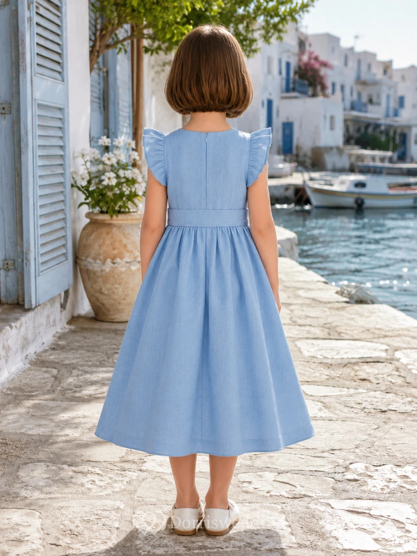 Simple Modern Flower Girl Dress Jewel Neck Flutter Sleeve Sky Blue Linen Tea Length Gathered view 2
